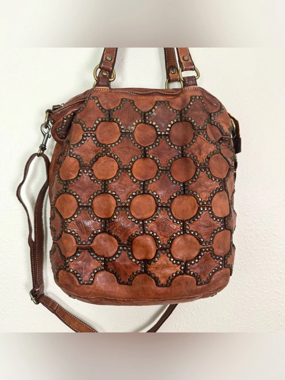 Sundance Rustic Boho Studded Brown Distressed Leather Shoulder or Crossbody Bag